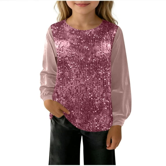 Girls Sequin Tops Long Sleeve Glitter Sparkly Party Blouse Loose Casual Round Neck Dressy Tops for Evening Party Fall Clothes
