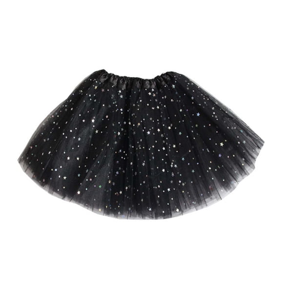 Girls Sequin Tulle Skirt Elastic Waist Layered Mesh Stars Tutu Skirts Solid Dance Ballet Little Girl's Fashion, Black, Free Size