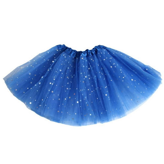 Girls Sequin Tulle Skirt Elastic Waist Layered Mesh Stars Tutu Skirts Solid Dance Ballet Little Girl's Fashion, Blue, Free Size
