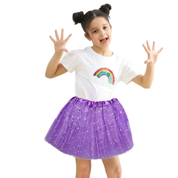 Girls Sequin Tulle Skirt Elastic Waist Layered Mesh Stars Tutu Skirts Solid Dance Ballet Little Girl's Fashion, Purple, Free Size