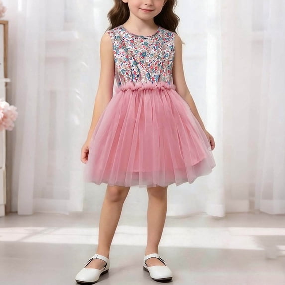 Girls Sequin Tutu Dress for Birthday Party Easter, Sparkly Princess Tulle Dress Sleeveless, Pink Dress for Kids Little Kids 0-8 Years,Size 7-8 T