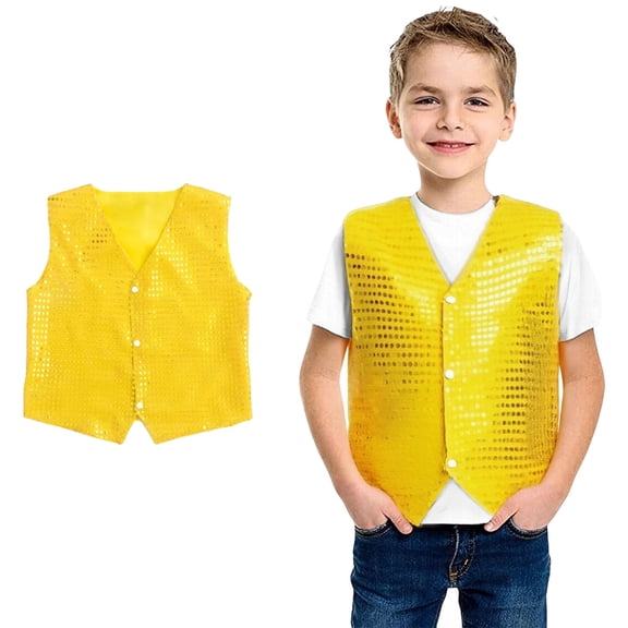 Girls Sequin Vest Sequin Sparkle Sleeveless Button Vest Boys Yellow Vest Party Carnival Gown Top Size 9-10 Years