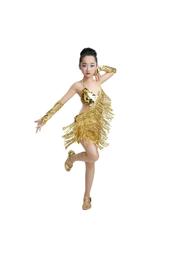 Girls' Sequined Fringe Latin Ballroom Dance Dress with Sleeves, Shiny Tassels Flapper Style Practice Outfit + Gloves