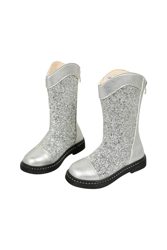Girls Sequins Glitter Boot, Bowknot Round Toe Knee High Boots Sequined Cowgirl Cowboy Boot Wide Calf Long Booties Wedding Party Shoes Fancy Dress Party Boots Sparkly Mid-Calf Booties