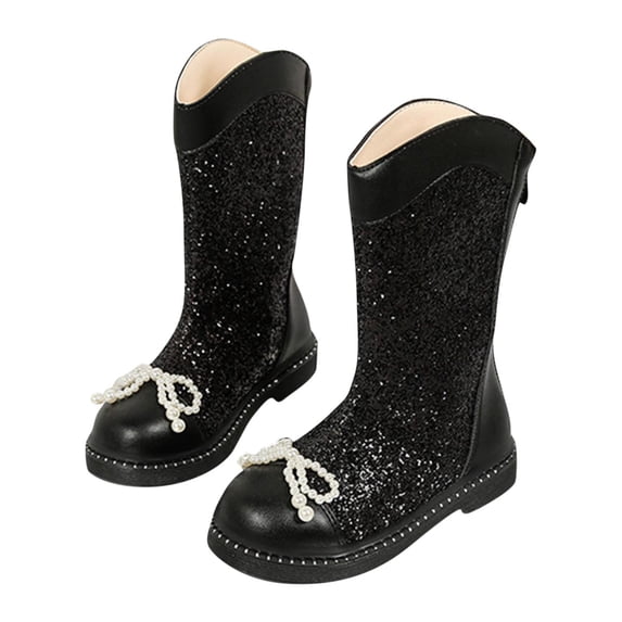 Girls Sequins Glitter Boot, Bowknot Round Toe Knee High Boots Sequined Cowgirl Cowboy Boot Wide Calf Long Booties Wedding Party Shoes Fancy Dress Party Boots Sparkly Mid-Calf Booties