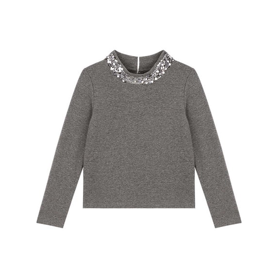 Girls Sequins Tops Layering Crew Neck Fleece Relaxed Fit Pullover Long Sleeve Soft Warm Trendy Outfits Gray 3-4Years