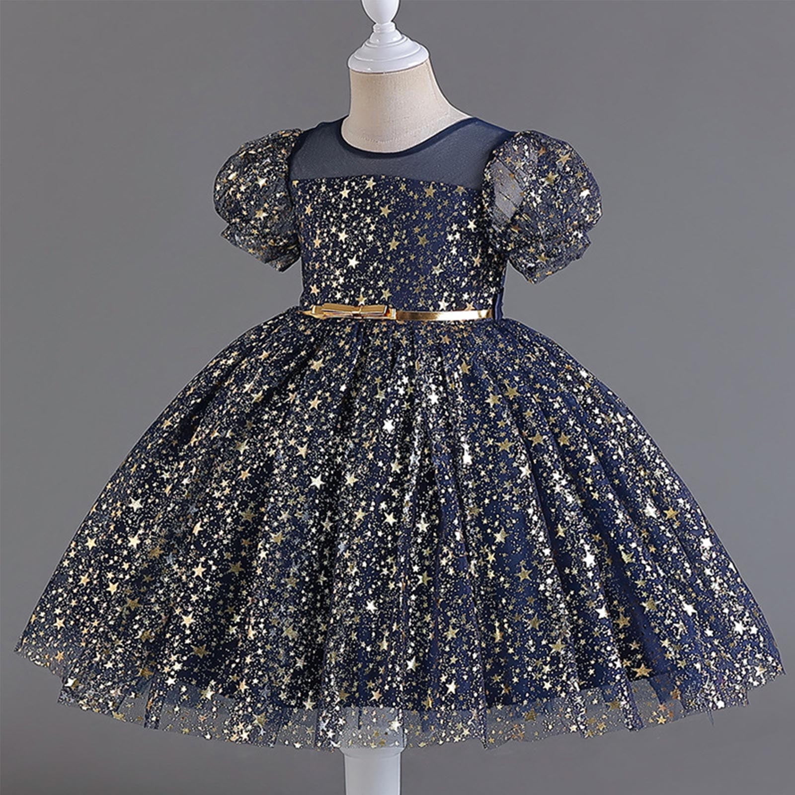 Girls Sequins Tutu-Dresses Layered-Tulle Size 4-12 Toddlers Kids Cute Short Puffed Sleeve Crewneck A-Line Birthday Evening Party Dress
