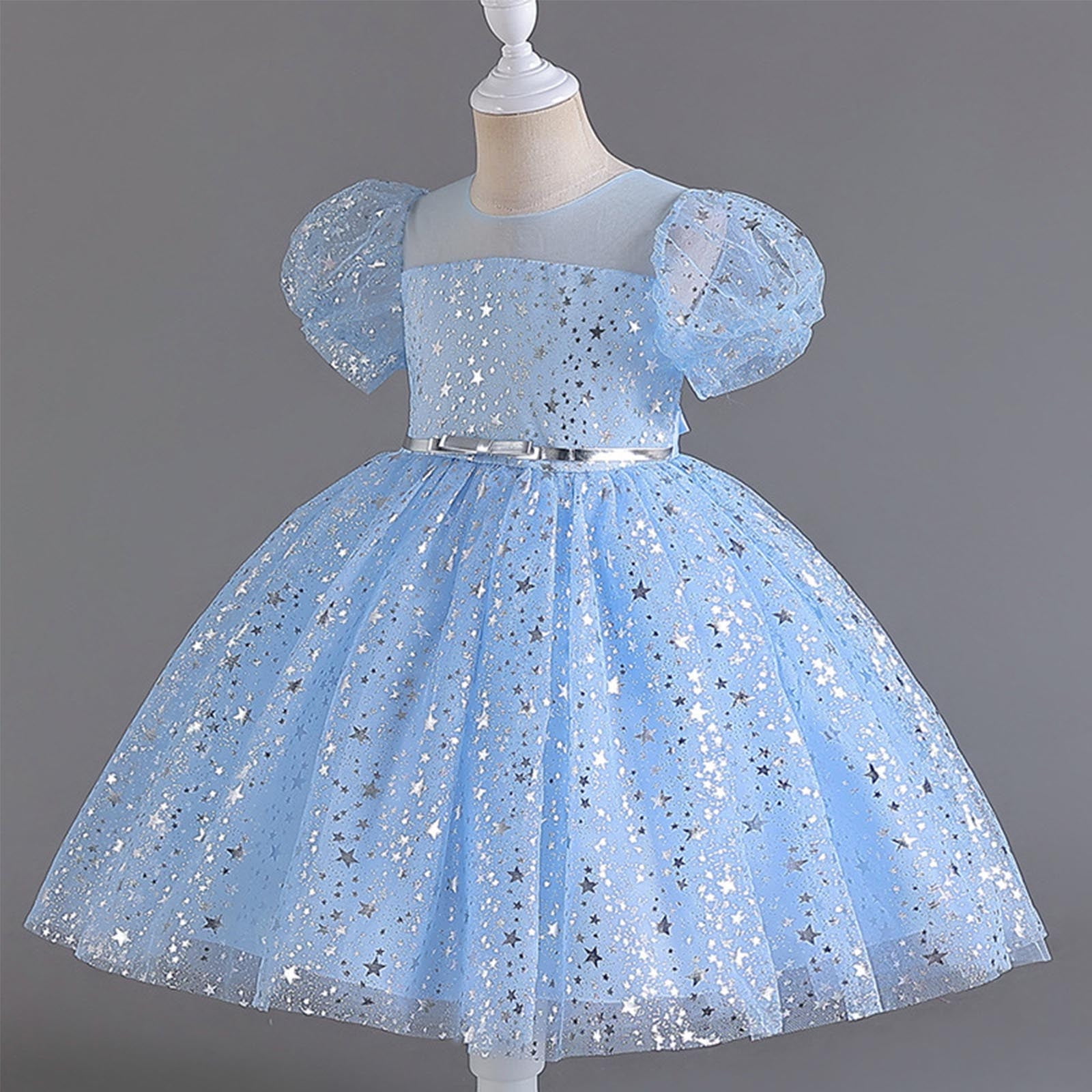 Girls Sequins Tutu-Dresses Layered-Tulle Size 4-12 Toddlers Kids Cute Short Puffed Sleeve Crewneck A-Line Birthday Evening Party Dress
