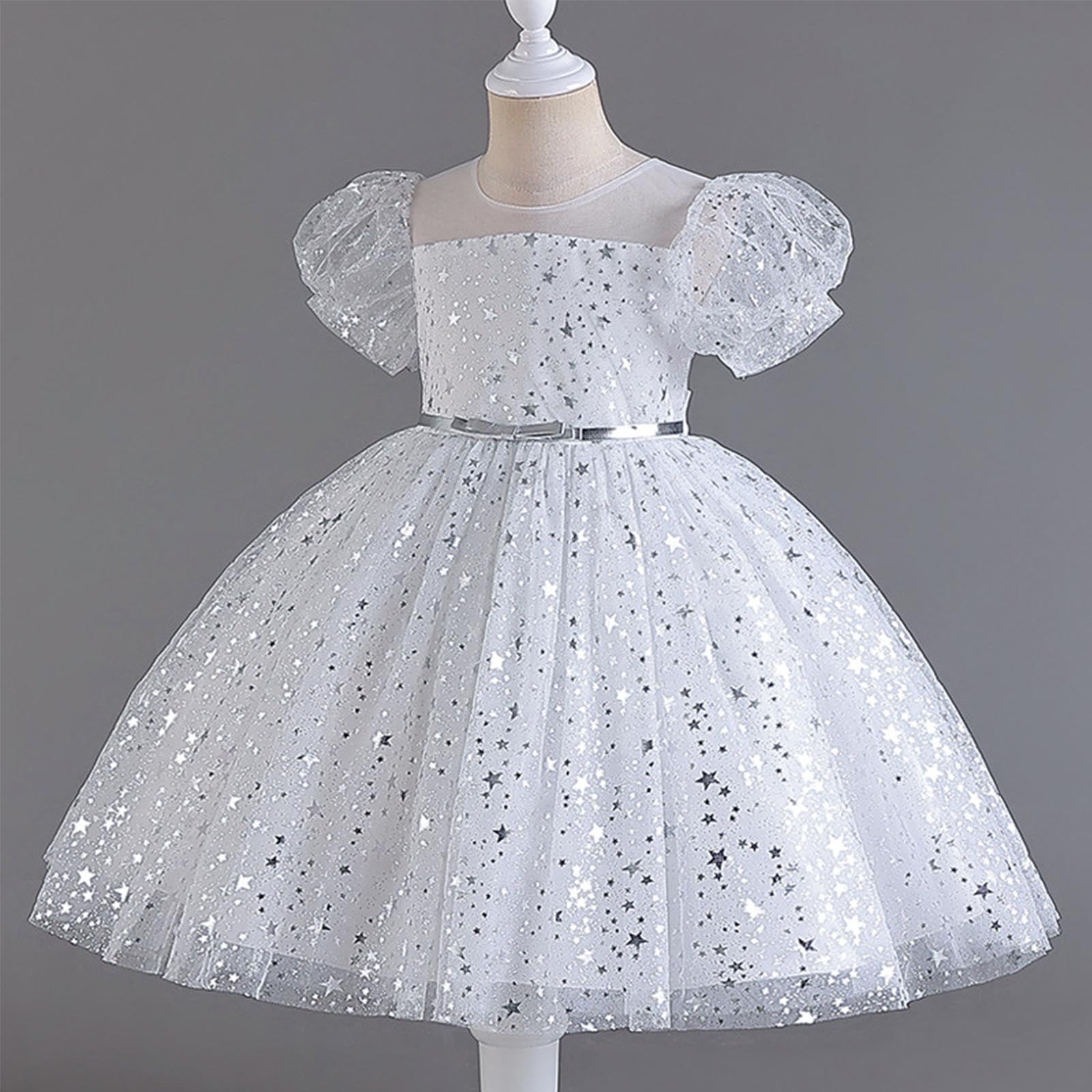 Girls Sequins Tutu-Dresses Layered-Tulle Size 4-12 Toddlers Kids Cute Short Puffed Sleeve Crewneck A-Line Birthday Evening Party Dress