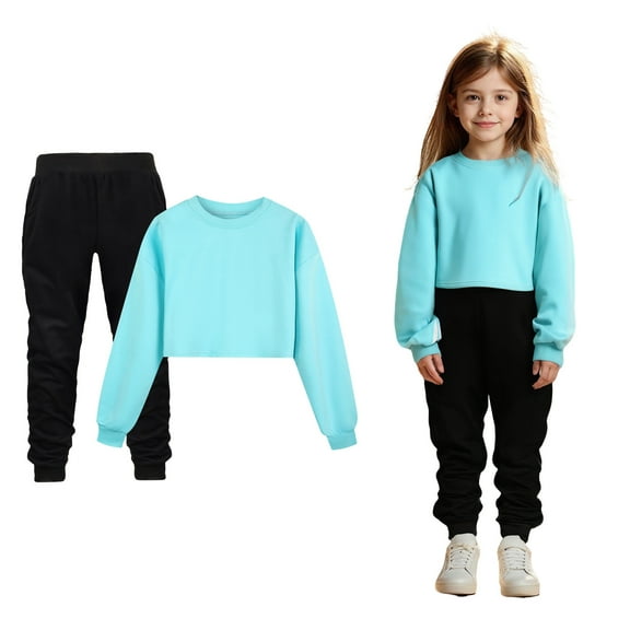 Girls Set Long Sleeve Crewneck Blue Tracksuit Pullover Sweatshirt and Active Jogger Pants 2 Pcs Winter Clothes Boy Clothes 4-5 Years Boys Girls Fashion
