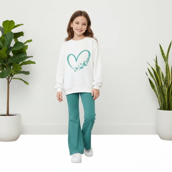 Girls Set Long Sleeve Solid Crewneck Heart Printed Sweatshirt and Flare Leg Pants Valentine's Day Kids Clothes Girls Size 7-8 Years