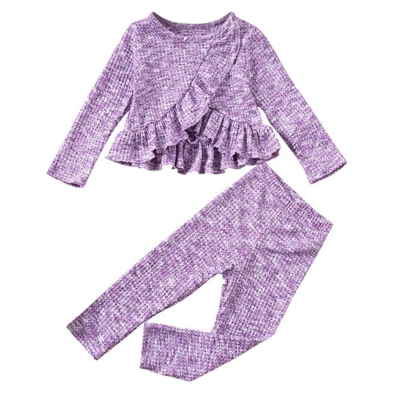 Girls' Set Solid Color Crewneck Long Sleeve Casual Ruffle Shirts and Pants Cotton Two-piece Set,5 Years