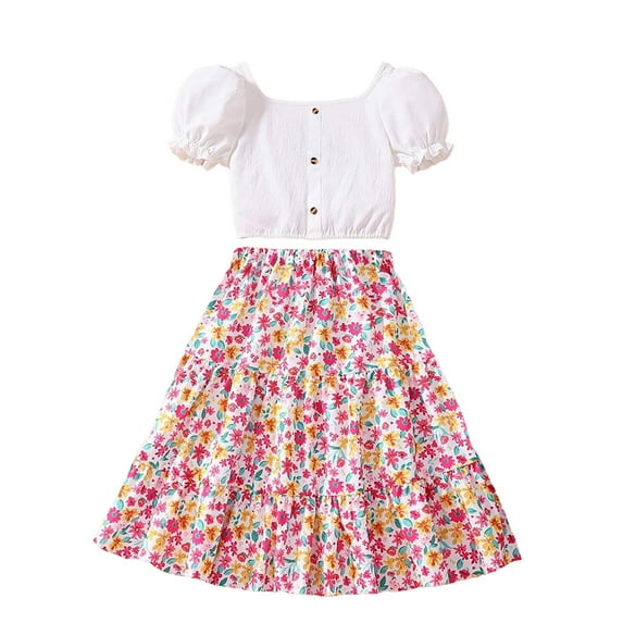 Girls Sets 10/12 Girls Bubble Sleeve Solid Color Temperament Blouse Floral Casual Loose Skirt Set Pink, 9-10 Years