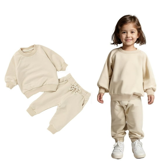 Girls Sets Long Sleeve Crewneck Beige Basic Sweatshirt Sweatpants 2 Pcs Fall Clothes Girls Size 18-24 Months Clothes Boys Girls Fashion