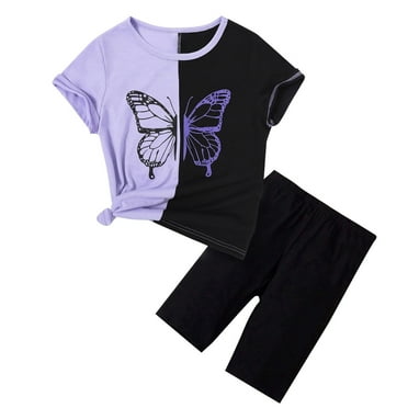 Girls Sets Size 10-12 Girls' Butterfly Print Matching Short Sleeved Top Solid Color Casual Shorts Set Purple, 9-10 Years