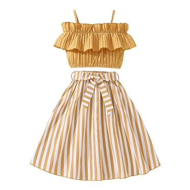 Girls Sets Size 6 Children's Girls Summer Sleeveless Solid Color Ruffles Tops Striped Skirt Outfits Clothes Set Yellow, 9-10 Years