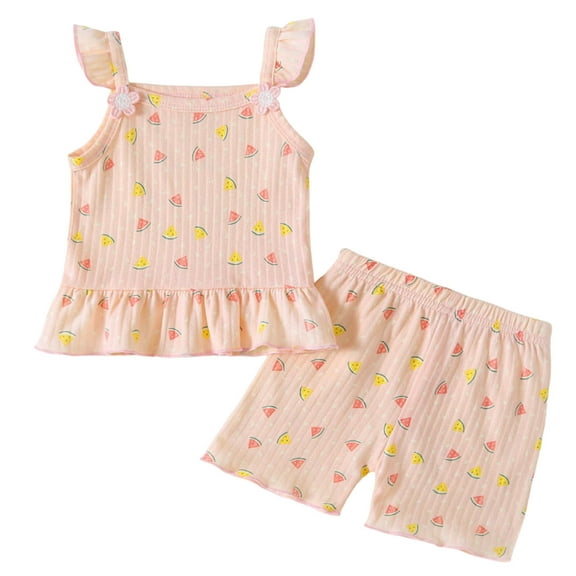 Girls Sets Size 6 Girls' Butterfly Print Matching Short Sleeved Top Solid Color Casual Shorts Set Z11-Yellow, 100