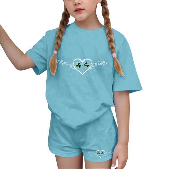 Girls Sets Size 6 Outfits Sets Girls Summer Outfit Sets Children's St. Patrick's Day Printed Short Sleeve Round-Neck Tops Two-Piece Set for Kids(4-16 Years)