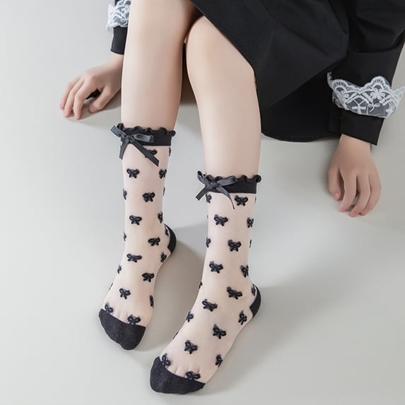 Girls Sheer Mid Calf Socks with Ruffle Cuff Bow and Textured Dot Pattern Lightweight Dress Socks for Kids Daily Wear