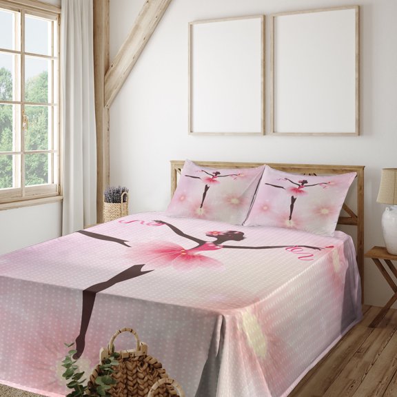 Ambesonne Blushy Fitted & Top Sheet Set with Shams, Ballerina Silhouette Print, Pink Umber and Pale Pink