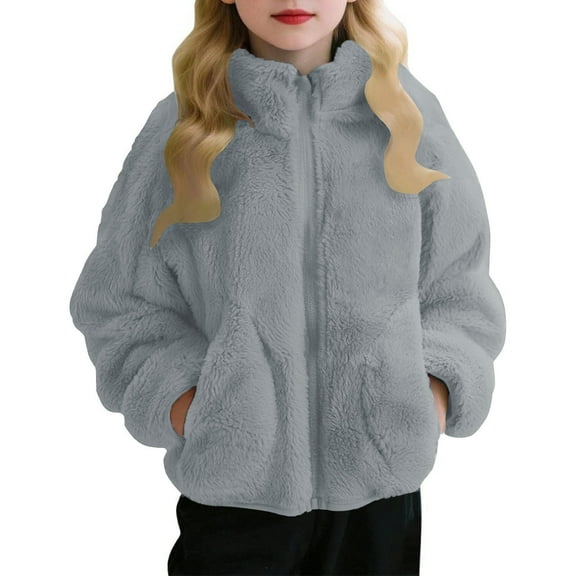 Girls Sherpa Fleece Jacket Cute Loose Stand Collar Fuzzy Long Sleeve Coat Kids Lightweight Winter Warm Outwear With Pocket