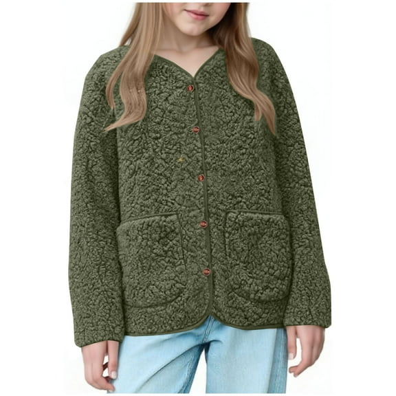 Girls Sherpa Fleece Jacket Kids Lightweight Button Down V Neck Coat Fall Winter Warm Outerwear with Pockets