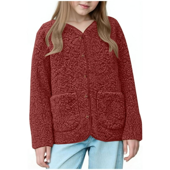 Girls Sherpa Fleece Jacket Kids Lightweight Button Down V Neck Coat Fall Winter Warm Outerwear with Pockets