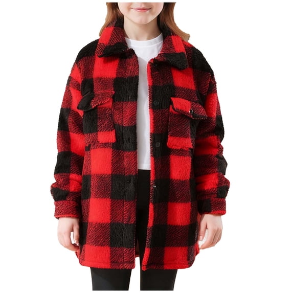 Girls Sherpa Fleece Jackets Plaid Lapel Button Fuzzy Long Sleeve Coat Kids Fall Casual Winter Outwear With Pockets 4-15 Years