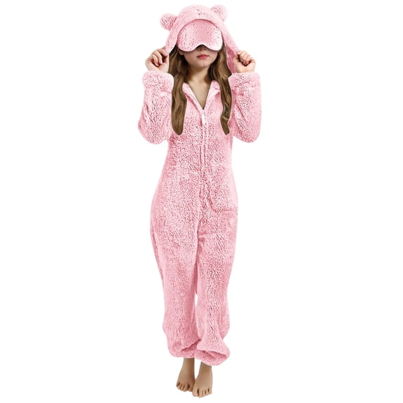 Girls Sherpa Fleece Jumpsuits Casual Soft Fuzzy Long Sleeve Zip Ip Hooded Romper Kids Cute Lightweight Winter Warm Loungwear