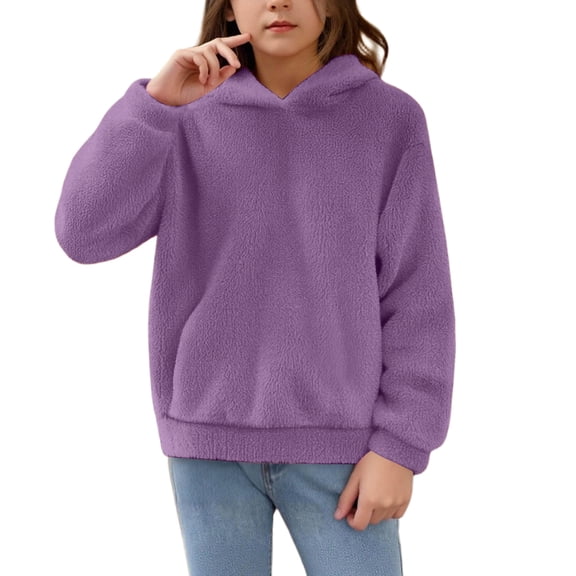Girls Sherpa Fleece Pullover Hoodie Long Sleeve Soft Plush Hooded Sweatshirt Casual Loose Fit Top