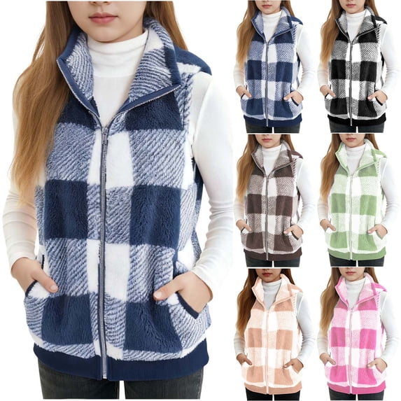 Girls Sherpa Fleece Vest Casual Plaid Fuzzy Sleeveless Jacket Kids Lapel Zip Up Winter Warm Outwear With Pocket 3-16 Years