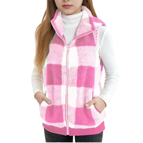 Girls Sherpa Fleece Vest Casual Plaid Fuzzy Sleeveless Jacket Kids Lapel Zip Up Winter Warm Outwear With Pocket 3-16 Years