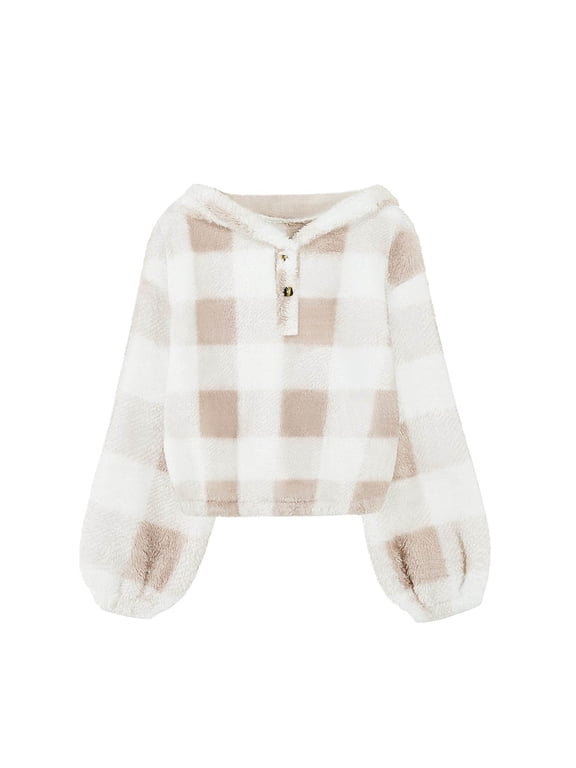 Girls Sherpa Hoodie Buffalo Plaid Top Solid Long Sleeves Warm Loose Button Pullover Oversized Fashion Winter Clothes for Kid Girls 9-10 Years
