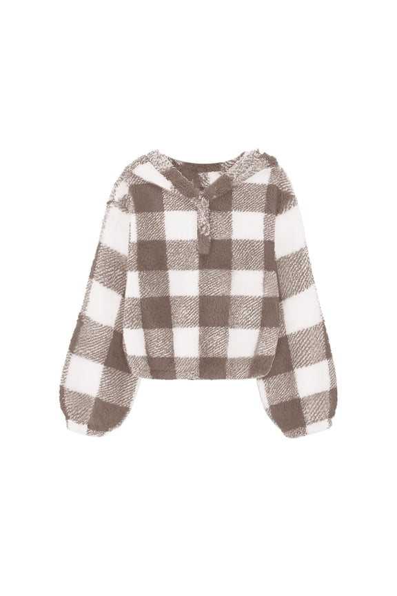 Girls Sherpa Hoodie Fleece Buffalo Plaid Jacket Solid Long Sleeves Comfy Loose Button Pullover Oversized Kids Girls Christmas Sweatshirt for For Children Girls 7-8 Years