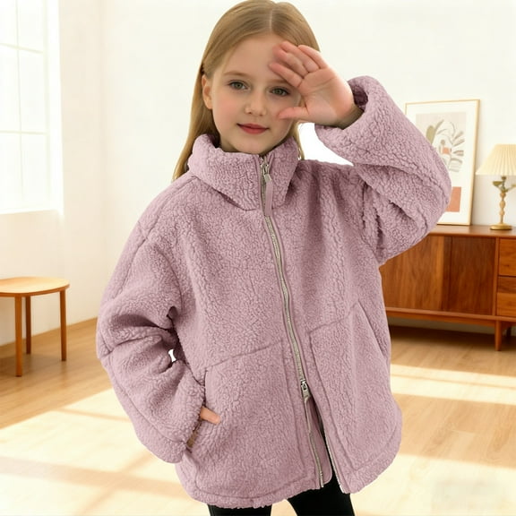 Girls Sherpa Jacket Dual Zipper Jacket Girls Winter Jackets with Pockets (Light Purple 9-10 Years)
