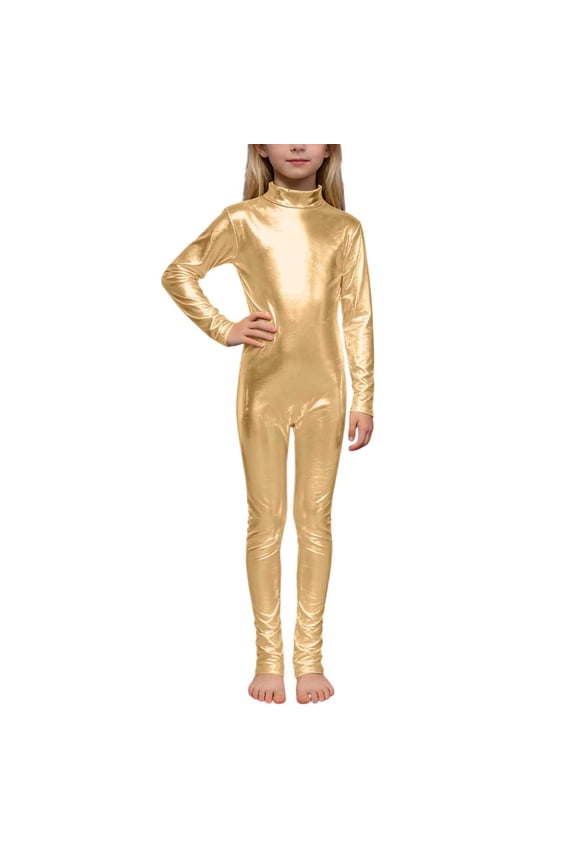 Girls' Shimmering Bodysuit Gold Heat Transfer Performance Wear Metallic High Neck Long Sleeve Zipper Back Gold 7 Y-9 Y