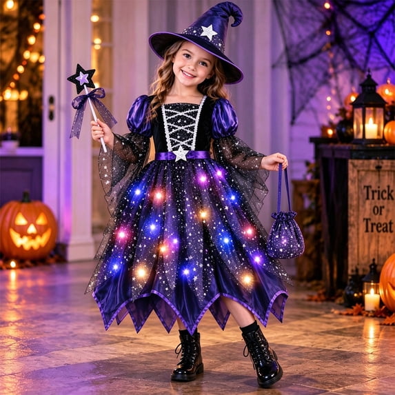 Girls Light up Witch Purple Star Witch Dress with Witch Hat Wand and Kids Halloween Cosplay Dress up Outfit for Party Carnival