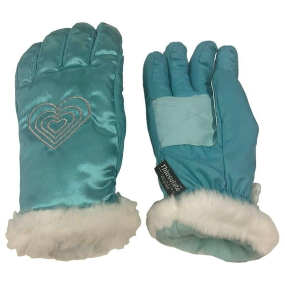 Girls Shiny Blue Heart Print Performance Ski & Snow Winter Gloves Large