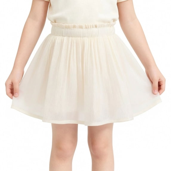 Girls Shiny Glitter Chiffon Skort, Elastic Ruffle Waist A-Line Flowy Mini Skirt with Built-in Shorts, Cute Summer Tutu Bottom for Back to School Daily Casual Wear(White,6-7 Years)