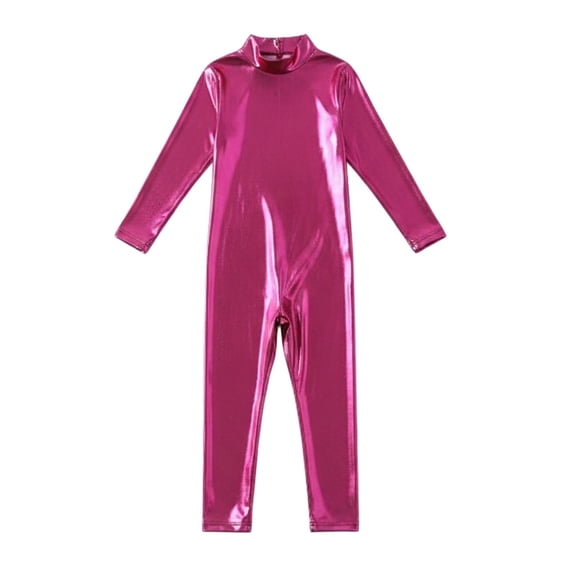 Girls Shiny Metallic Mock Neck Unitard Long Sleeve Full Jumpsuit Kids Slim Fit Bodysuit Dance Leotard Turtleneck Jumpsuit