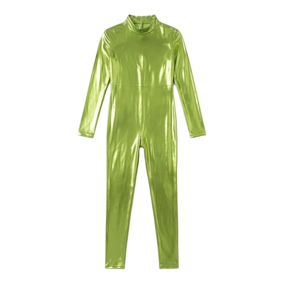 Girls Shiny Metallic Mock Neck Unitard Long Sleeve Full Jumpsuit Kids Slim Fit Bodysuit Dance Leotard Turtleneck Jumpsuit