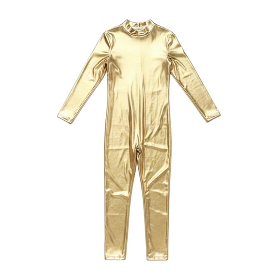 Girls Shiny Metallic Mock Neck Unitard Long Sleeve Full Jumpsuit Kids Slim Fit Bodysuit Dance Leotard Turtleneck Jumpsuit