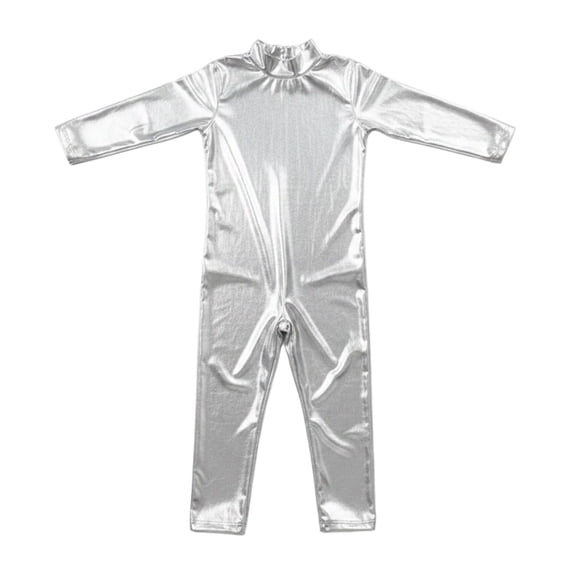 Girls Shiny Metallic Mock Neck Unitard Long Sleeve Full Jumpsuit Kids Slim Fit Bodysuit Dance Leotard Turtleneck Jumpsuit