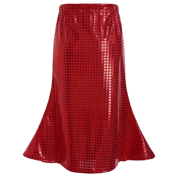Girls Shiny Metallic Plaid Skirt Bodycon Pencil Fishtail Skirts Dance Stage Performance Club Party Wear Red, 11-12Y