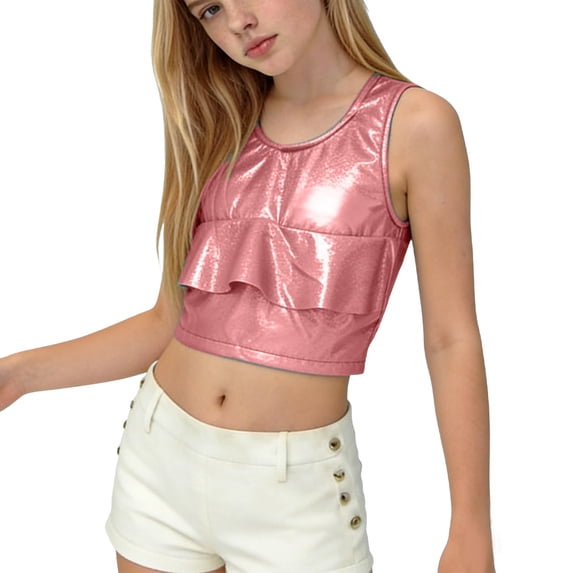 Girls Shiny Metallic Tank Tops Summer Sleeveless Ruffle Trim Crop Top Vest Belly Dance Sparkly Stage Y2k Outfits( Red, 7-8 Years )