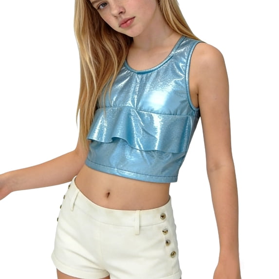 Girls Shiny Metallic Tank Tops Summer Sleeveless Ruffle Trim Crop Top Vest Belly Dance Sparkly Stage Y2k Outfits( Sky Blue, 9-10 Years )