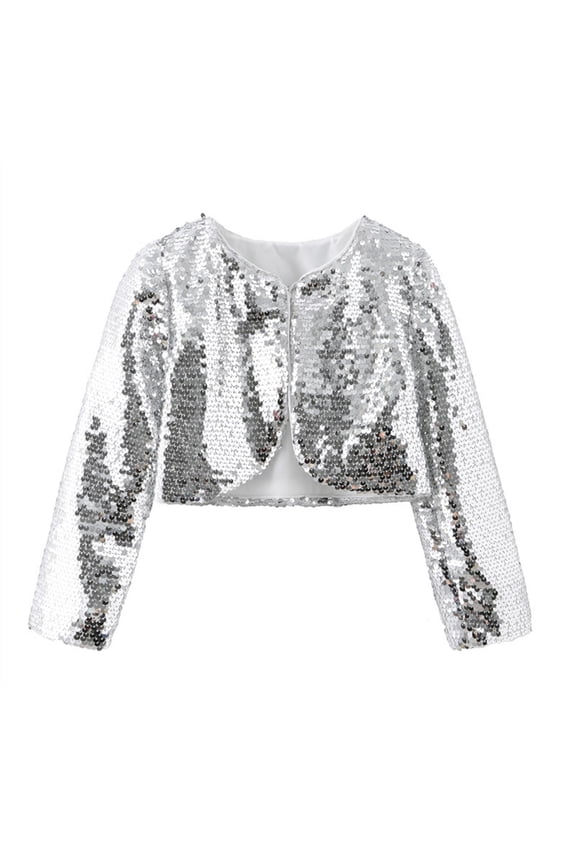 Girls Shiny Sequin Cropped Jacket Open Front Long Sleeve Party Performance Outerwear 3-4 Years