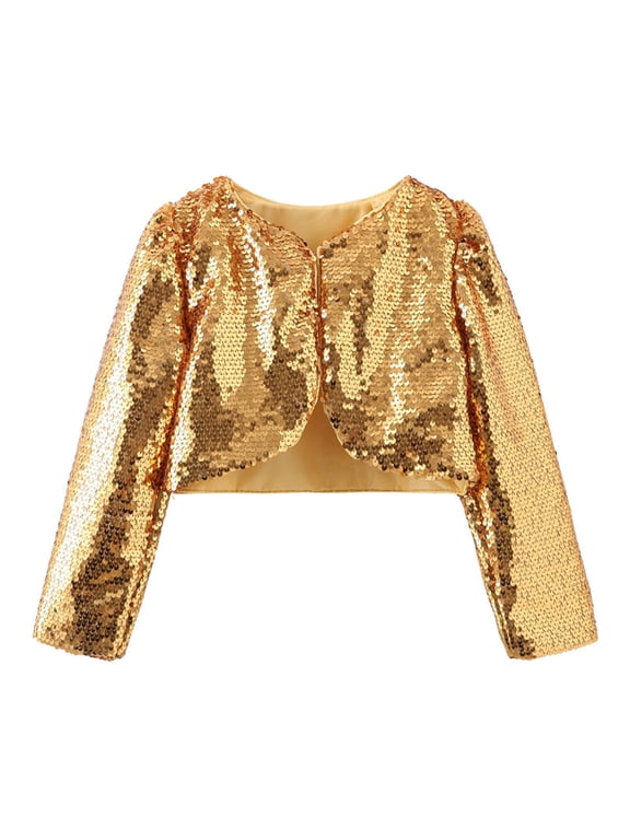 Girls Shiny Sequin Cropped Jacket Open Front Long Sleeve Party Performance Outerwear 5-6 Years