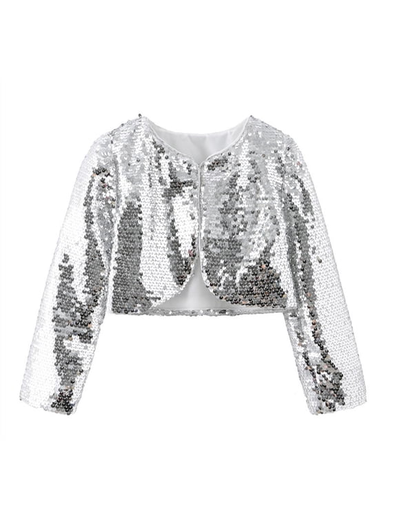 Girls Shiny Sequin Cropped Jacket Open Front Long Sleeve Party Performance Outerwear 5-6 Years