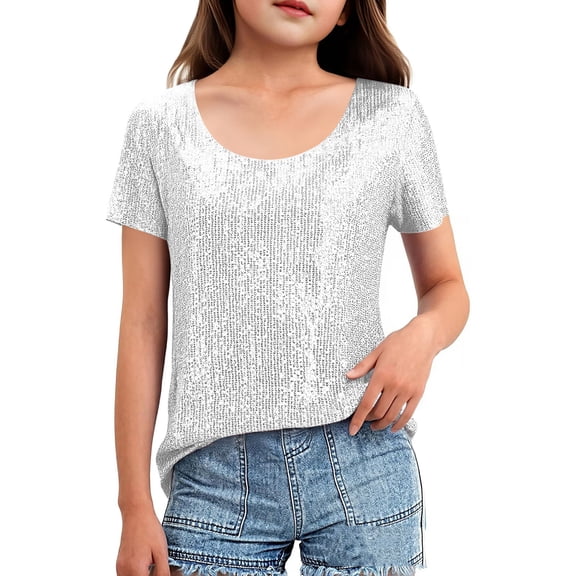 Girls Shiny Sequin T-Shirt Crew Neck Short Sleeve Shirts Fashion Cute Casual Loose Dressy Solid Color Kids Birthday Party Tops